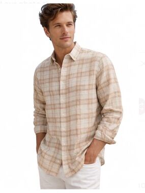 Daniel Hechter Paris Men’s Large Plaid Linen Blend Shirt Hidden Button Down NWT